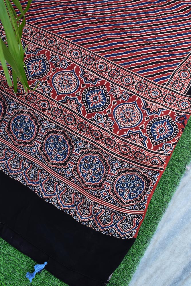 Elegant Modal Silk Ajrakh Block Print Dupatta with tassels
