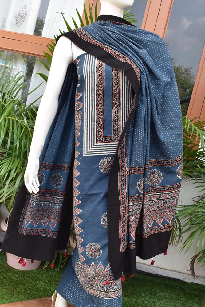 Hand Block Print Ajrakh Cotton Suit with designer Ajrakh neck yoke pattern