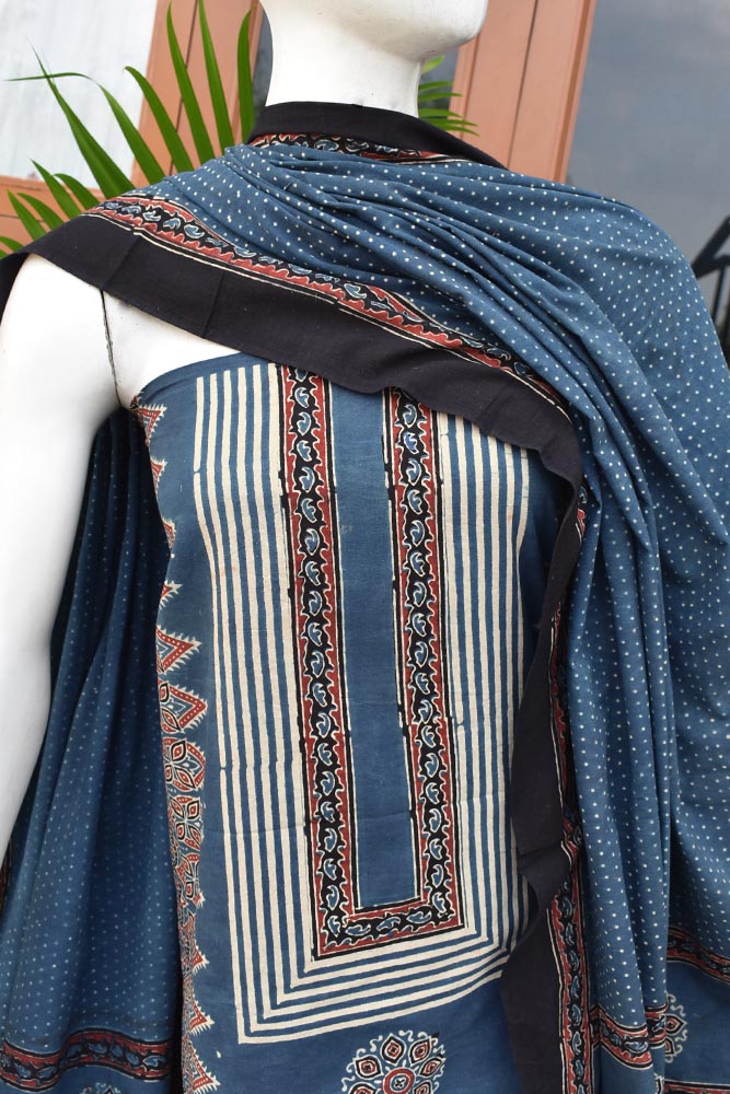 Hand Block Print Ajrakh Cotton Suit with designer Ajrakh neck yoke pattern