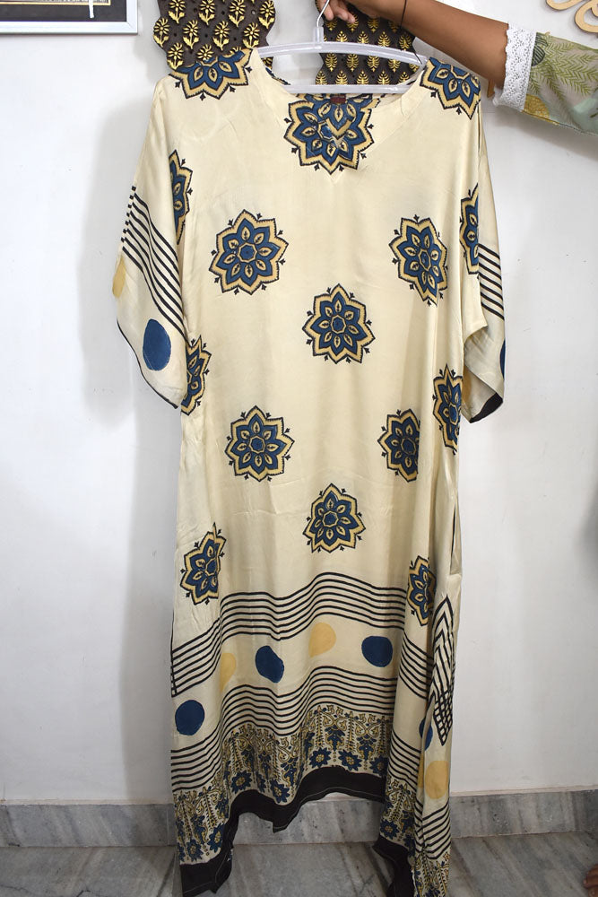 Beautiful Hand Block Printed Ajrakh Modal Silk Kaftan Kurta, Size 40 to 44