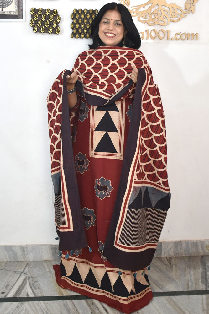 Designer Ajrakh Cotton Unstitched suit with panel design, Ajrakh Dupatta - 2 piece set