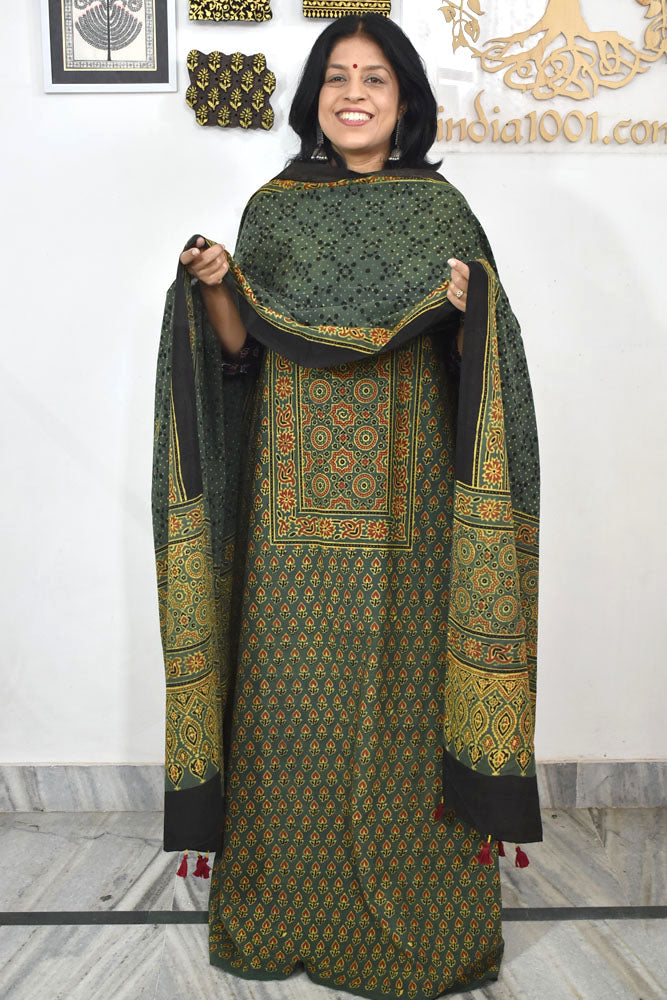 Block Print Ajrakh Cotton Suit with designer Ajrakh neck yoke /panel & Dupatta