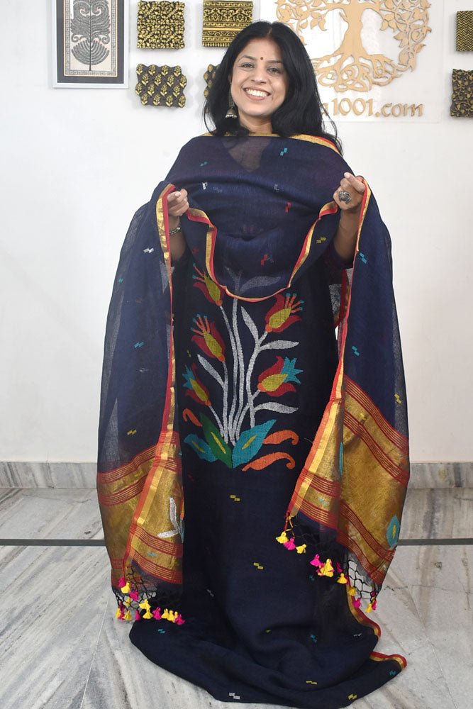 Kalakriti : Beautiful Hand Woven Soft Cotton Jamdani Kurta Fabric & Dupatta set