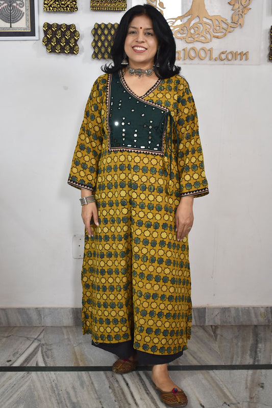 Designer Hand Block Printed Ajrakh cotton Kurta with Kutch Mirror work