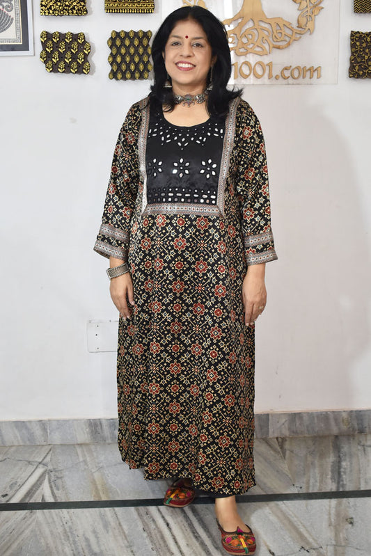 Beautiful Mashru Silk Kurta with Ajrakh block print & Kutch mirror work - Size 38 - 48