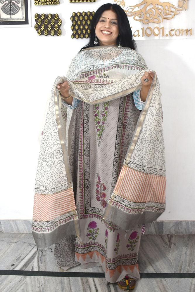 Designer Hand Block Print Cotton suit with Chanderi dupatta