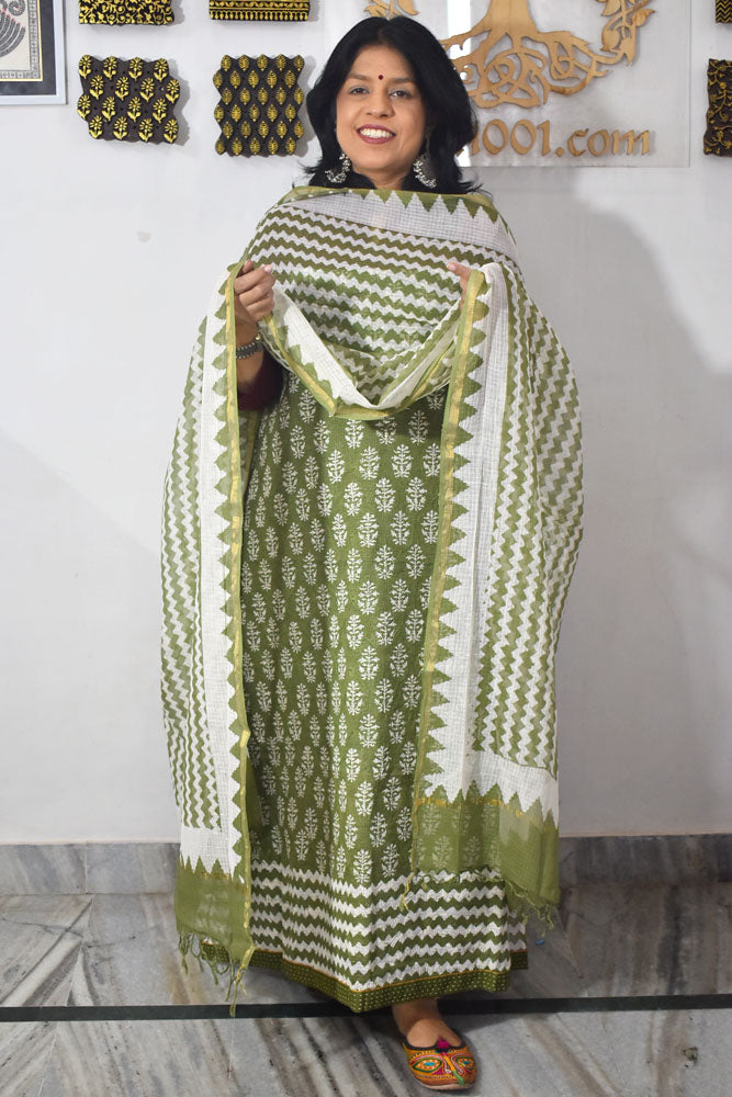 Elegant Kota cotton suit with tepchi work & Hand block printed dupatta