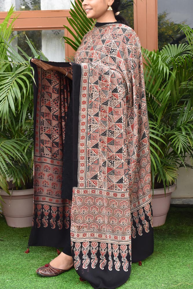 Elegant Modal Silk Ajrakh Block Print Dupatta with tassels