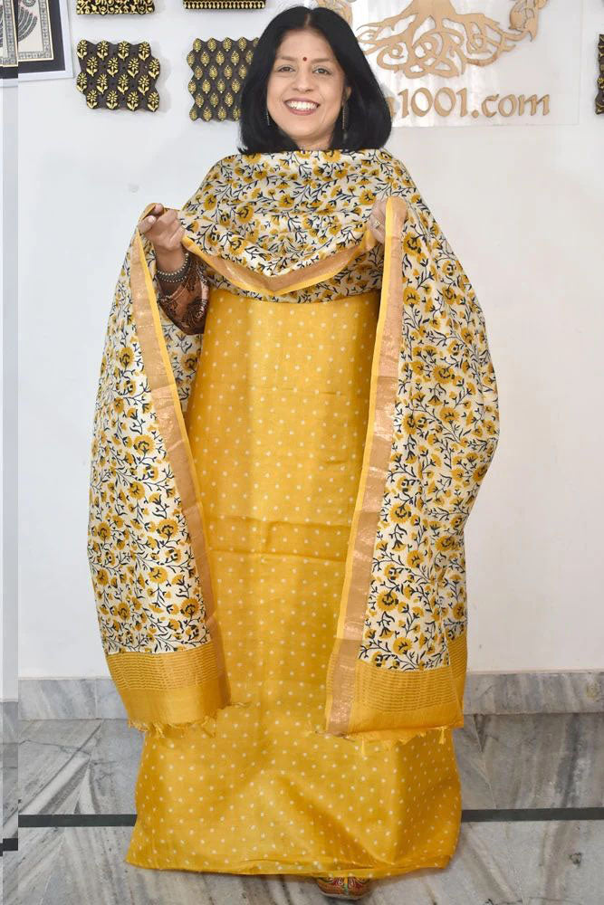 Beautiful Hand Block printed Tussar Silk Kurta Dupatta Set