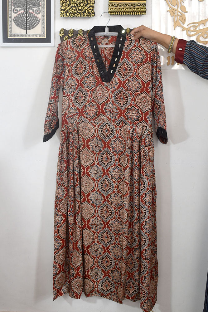 Beautiful Hand Block Printed Ajrakh Modal Silk Kurta With Mirror Work, Size 38 to 48
