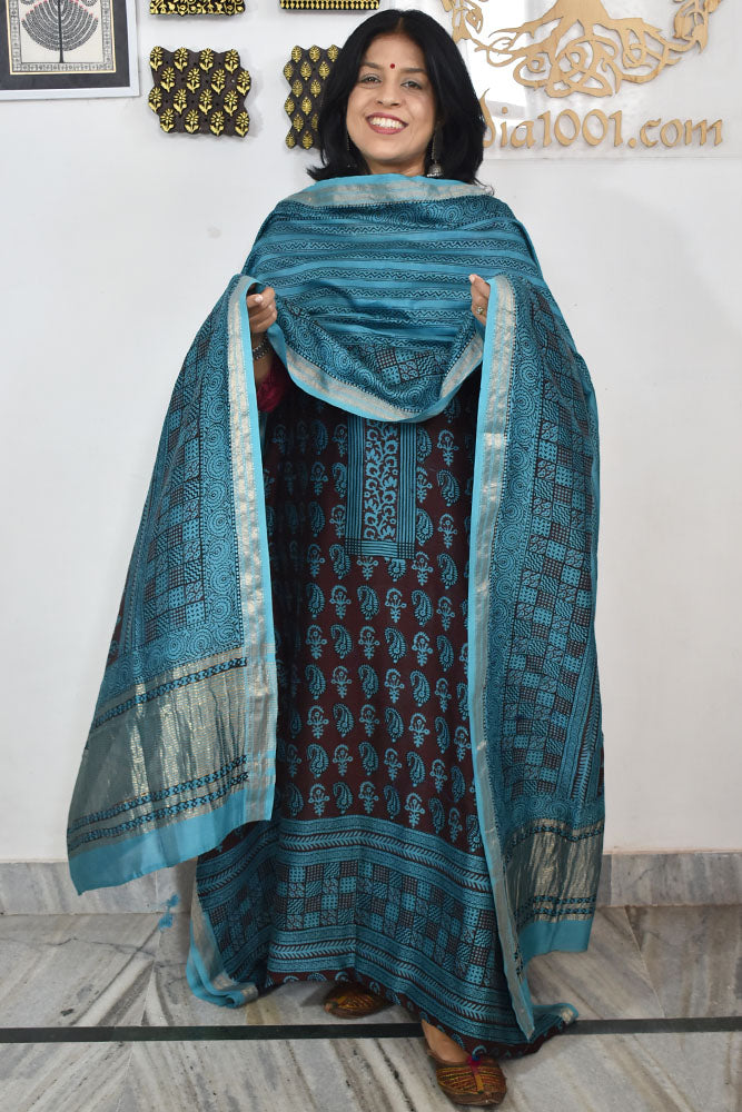 Bagh Hand Block Printed unstitched 3 pcs Handwoven Maheshwari suit fabric with Zari borders & Lagdi ( zari palla )