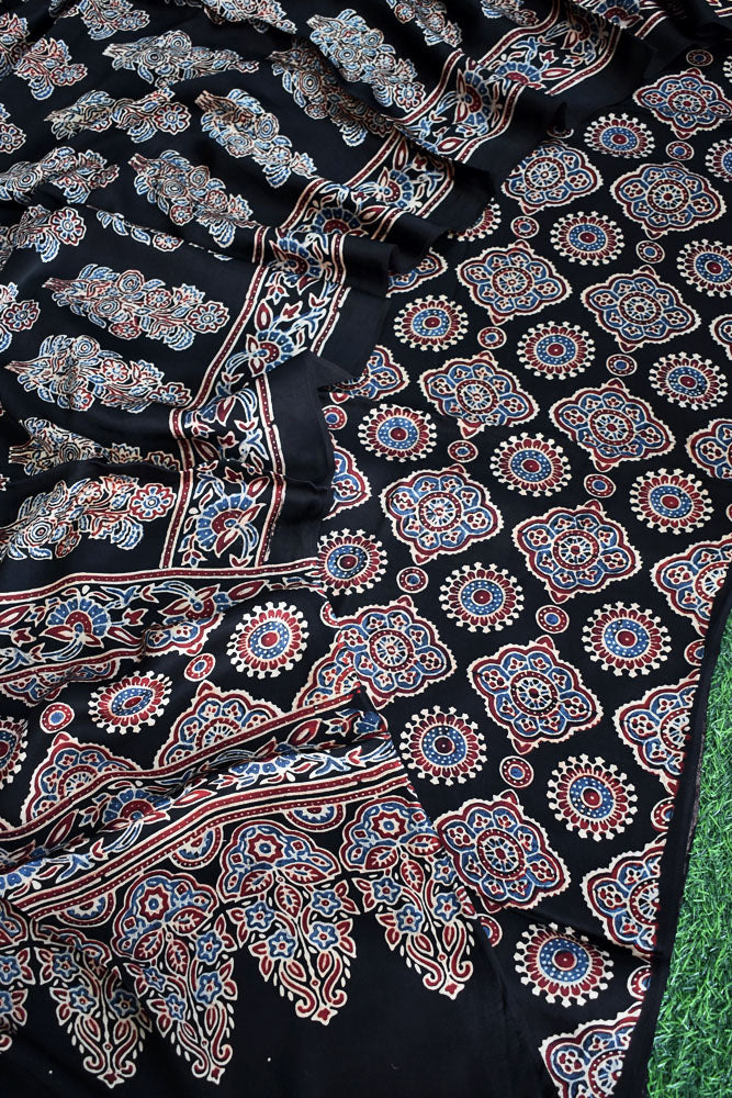 Designer Hand Block Printed Ajrakh Modal Silk Kurta and Dupatta Set