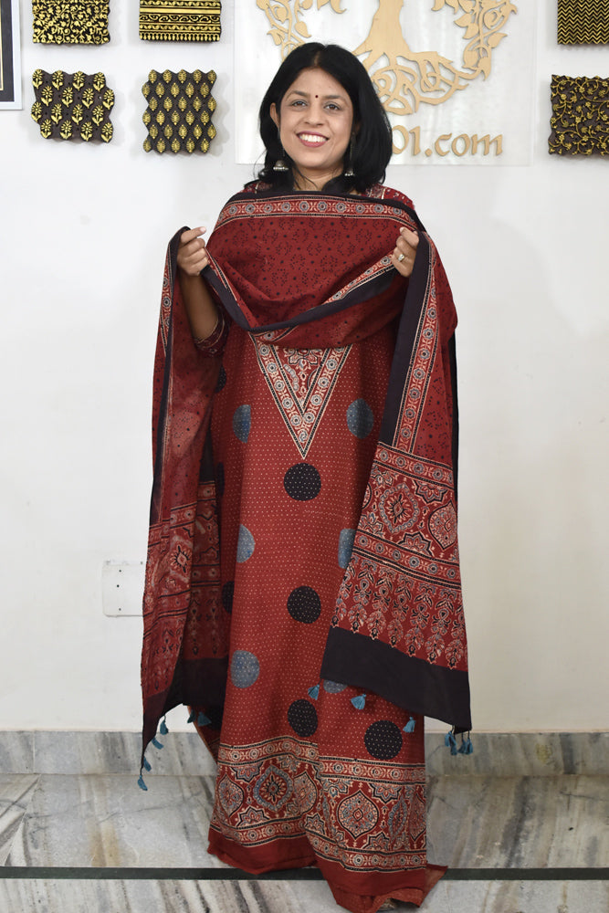 Block Print Ajrakh Cotton Suit with designer Ajrakh neck yoke /panel & Long Stole