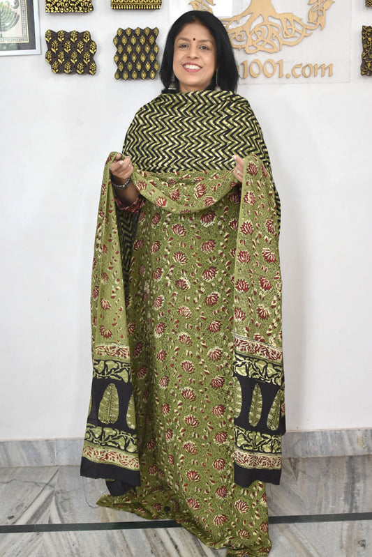 Hand Block Printed Muslin unstitched suit fabric with cotton bottom