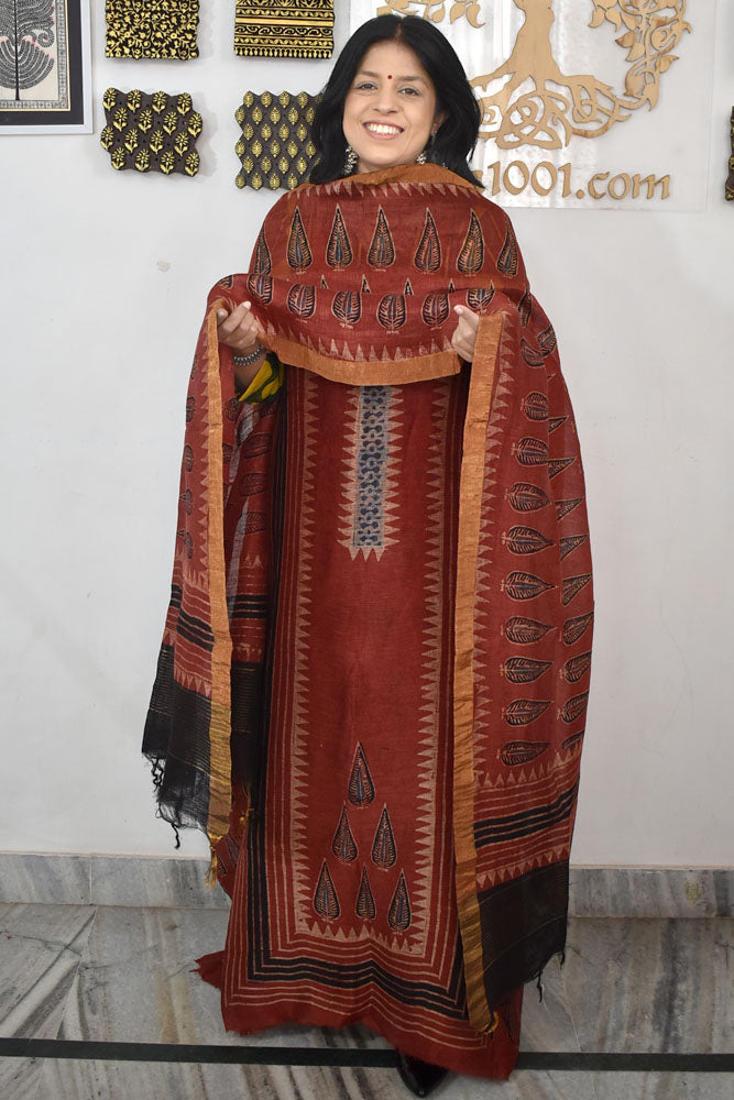 Beautiful Pure Linen Ajrakh Hand Block Print Suit