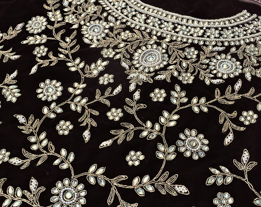 Black - Velvet Fabric with Heavy Hand Zardozi, Pearl, Dabka & Kundan Work  Embroidery