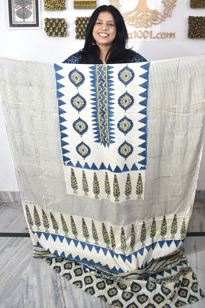 Designer Modal Silk Ajrakh Hand Block Print Kurta Fabric - 3 mtrs cut