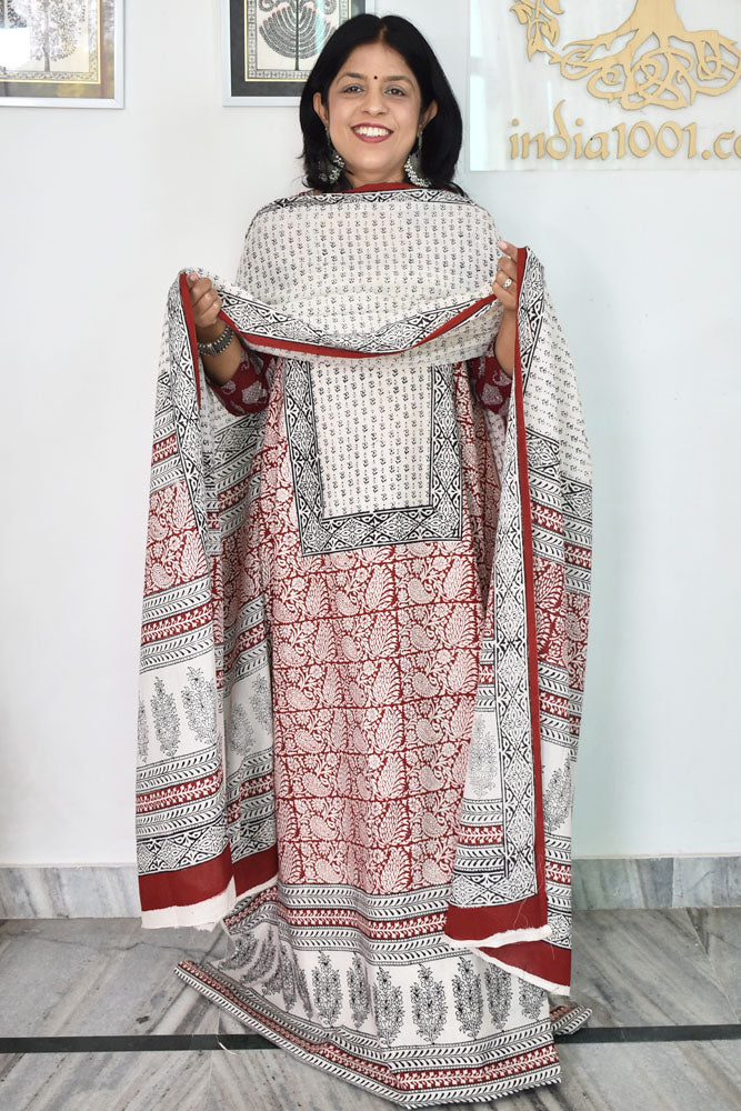 Bagh Hand Block Printed unstitched 3 pc Cotton suit fabric with Placement block print from MP