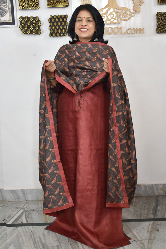 Semi Stitched Block Printed Tussar Silk Dupatta  & Tussar Kurta Fabric