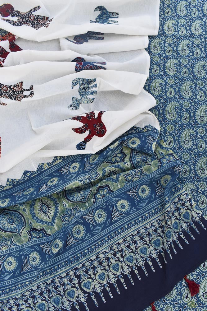 Beautiful Ajrakh kurta fabric with Hand Patch work dupatta