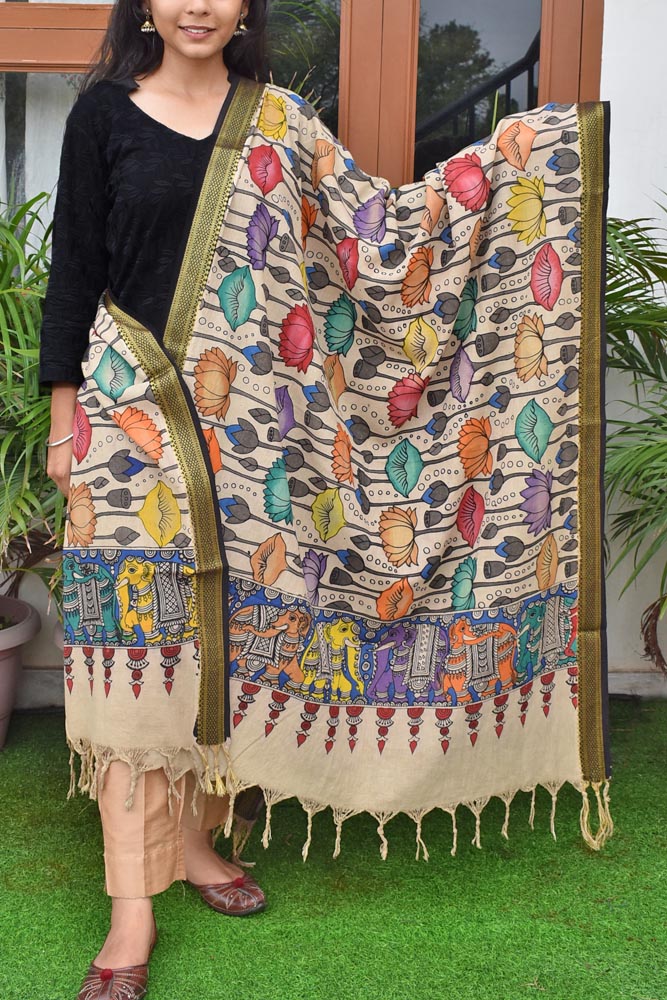 Beautiful Mangalgiri Cotton Pen Kalamkari Dupatta