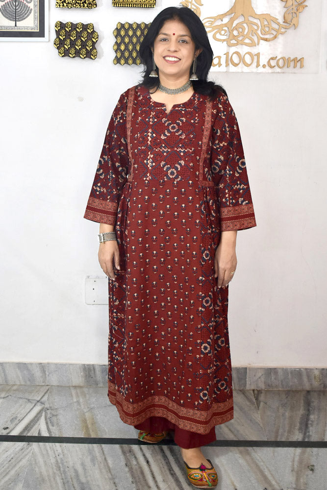 Designer Hand Block Printed Ajrakh cotton Kurta / Dress - Size 38 to 48 ( all sizes)