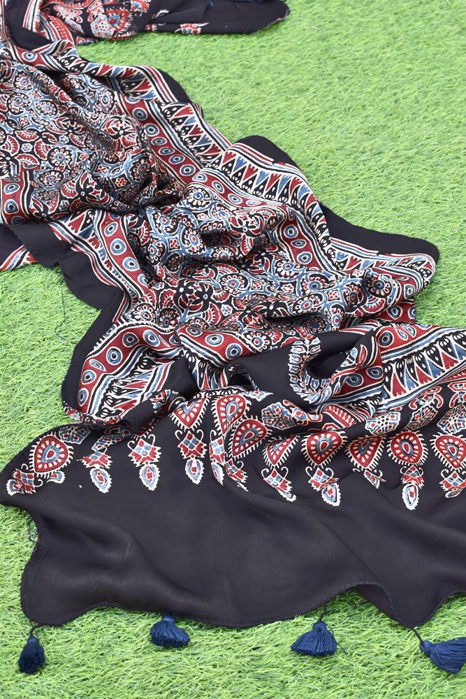 Beautiful Hand Block Printed Ajrakh Modal Silk stole with Tassels