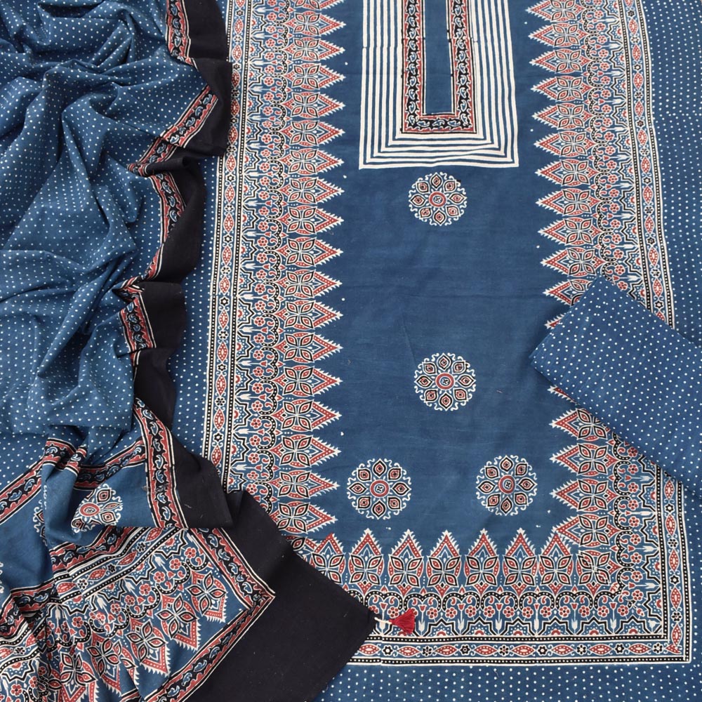 Hand Block Print Ajrakh Cotton Suit with designer Ajrakh neck yoke pattern