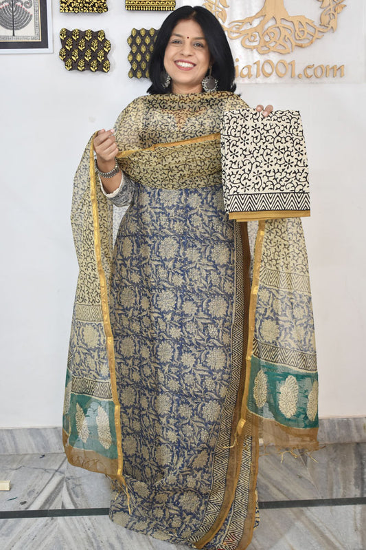 Beautiful Kota Doria cotton suit with Hand Block print