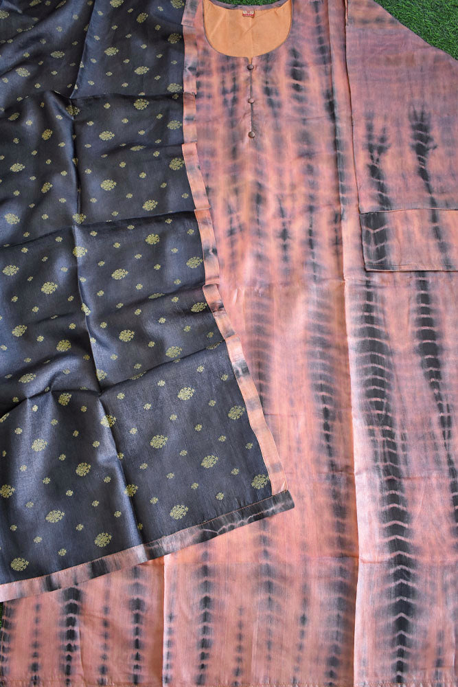 Semi Stitched Block Printed Tussar Silk Dupatta & Tussar Kurta Fabric