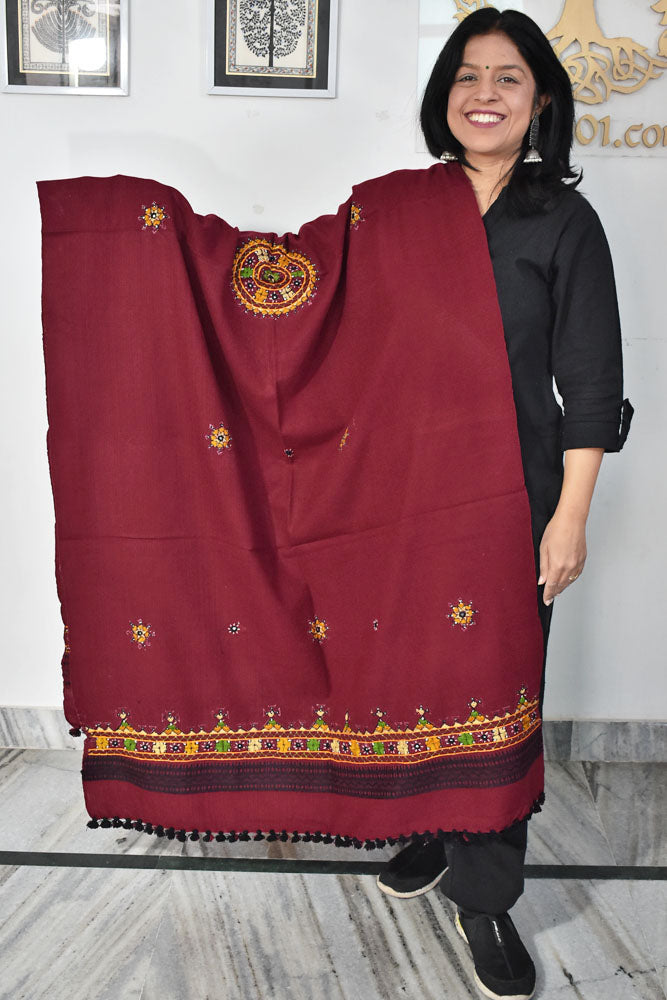 Handwoven Bhujodi Intricate Hand Embroidery & Hand Mirror Work Woolen Shawl