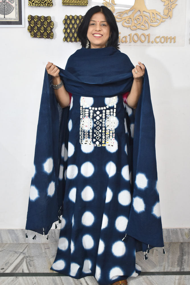 Tie & Dye Clamp Dyed cotton Unstitched Suit with Kutch Mirror work