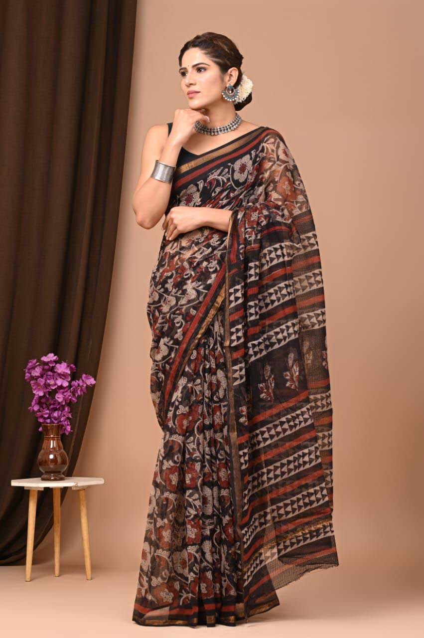 Beautiful Hand Block Printed Kota cotton Saree with zari border