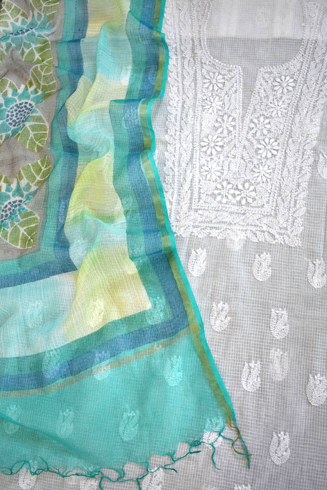 Elegant Lucknowi Chikankari Hand Embroidery work & Block print kota dupatta set