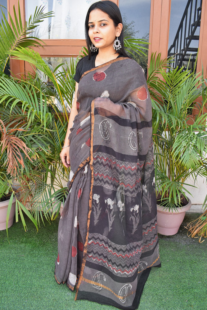 Beautiful Hand Block Printed Kota cotton Saree with zari border