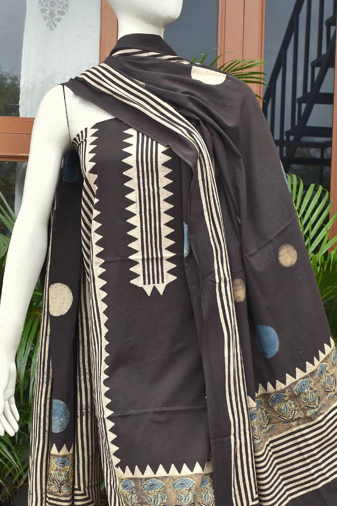 Hand Block Print Ajrakh Cotton Suit with designer Ajrakh neck yoke pattern