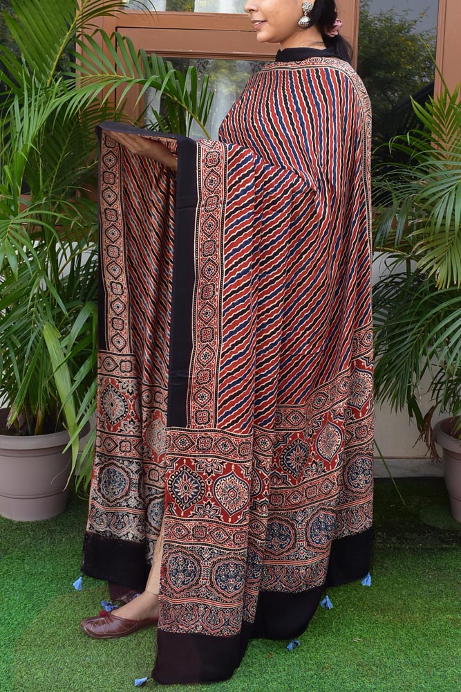 Elegant Modal Silk Ajrakh Block Print Dupatta with tassels
