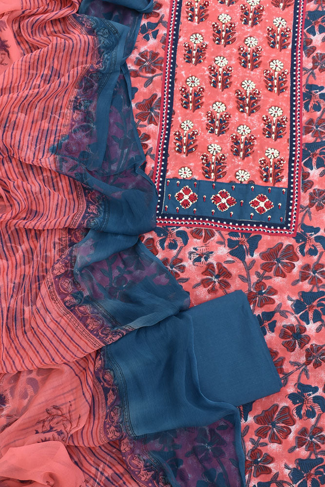 Premium Dabu Ajrakh Cotton Unstitched Suit with Intricate Hand Embroidery, mirror & sequin work & chiffon dupatta