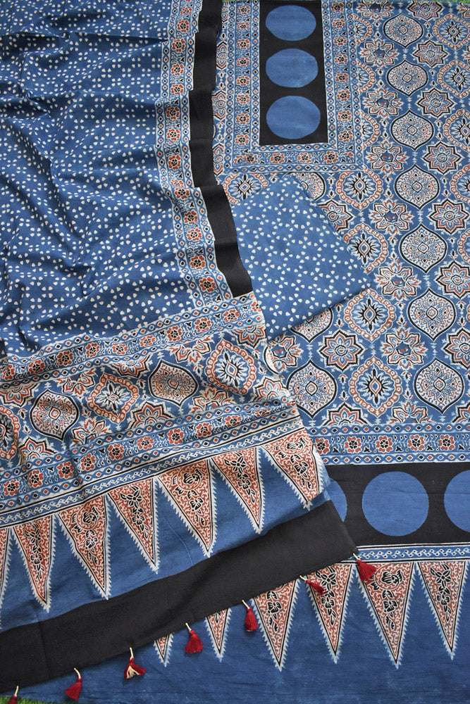 Block Print Ajrakh Cotton Suit with designer Ajrakh neck yoke /panel & Dupatta