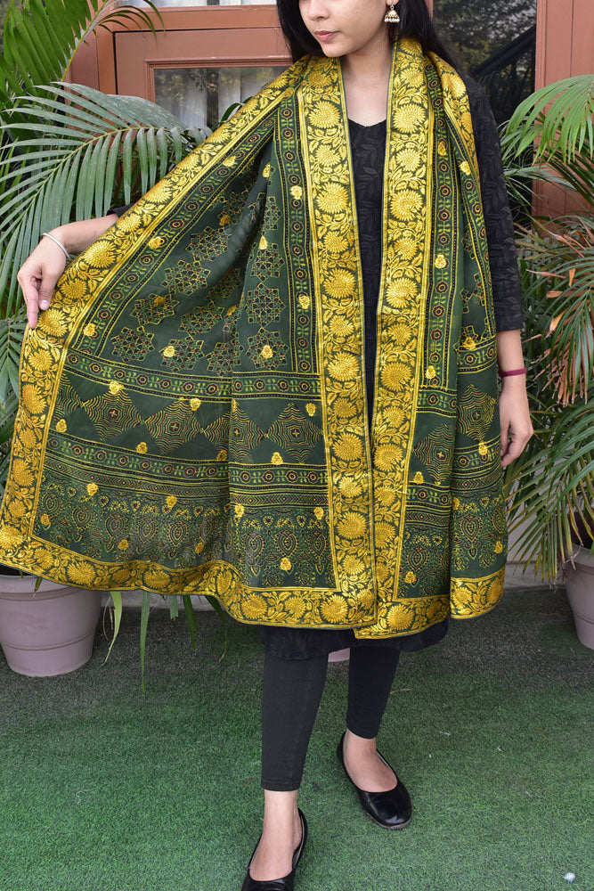 Elegant Ajrakh Hand Block Print Organza Dupatta/ Stole with Woven bootis and borders