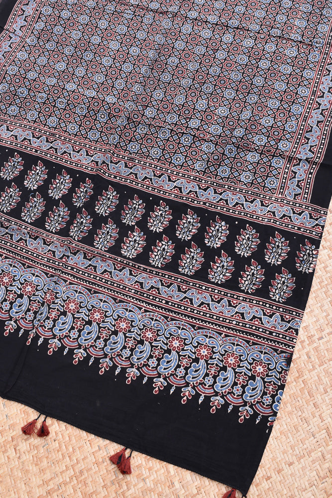 Ajrakh Hand Block Printed Cotton Dupatta with Tassels with natural dyes