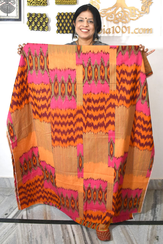 Multicolor Ikat Cotton Handloom 2.5mts Fabric with Uzbekistan Pattern Design