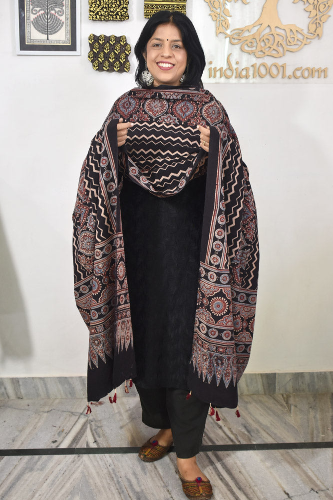 Ajrakh Hand Block Printed Cotton Dupatta with Tassels & natural dyes