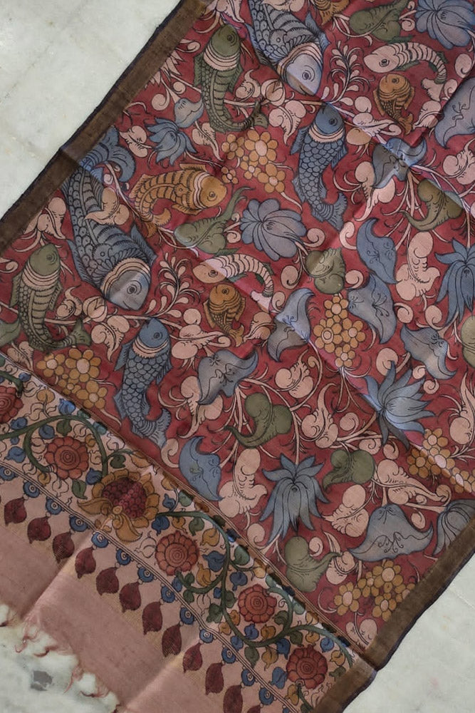 Earthy Hand Painted Kalamkari Desi Tussar Silk Dupatta