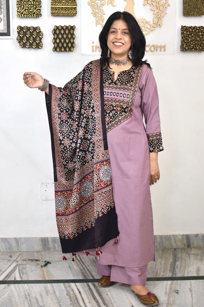 Designer Cotton suit with Ajrakh Mashru patch & mirror work & Ajrakh stole - Size 38 to 46 ( all sizes)