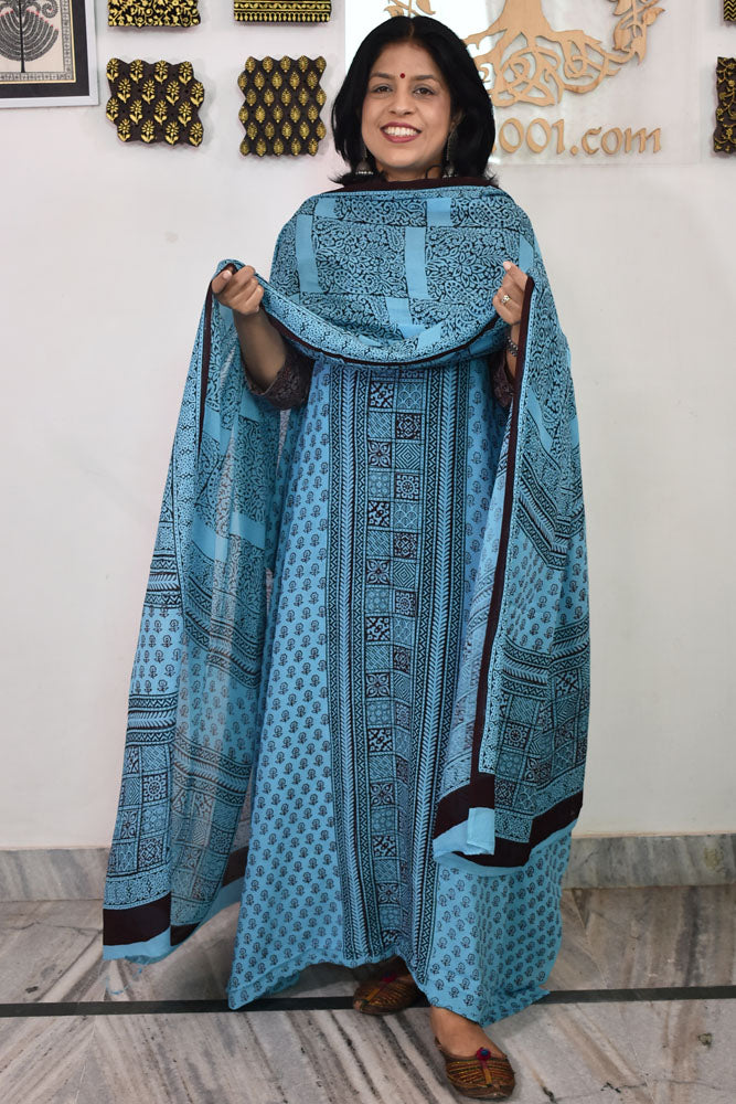 Bagh Hand Block Print Georgette Dupatta & Georgette Kurta Fabric With Cotton Bottom