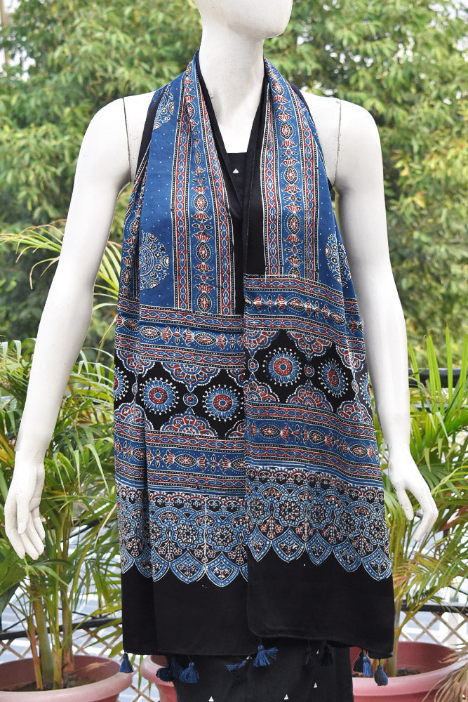 Beautiful Hand Block Printed Ajrakh Modal Silk stole with Tassels