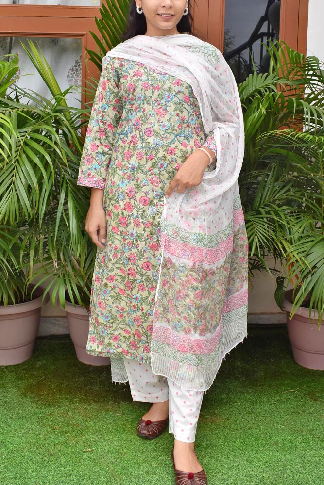 Hand Block Printed Cotton suit with Hand Embroidery - Kurta , Chiffon Dupatta & Pant - size 36, 38, 40, 42, 44