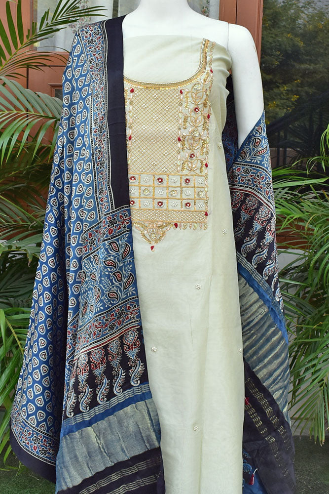 Exquisite Hand Embroidered Chanderi Kurta fabric & Ajrakh Dupatta with Zari patta & Tassels