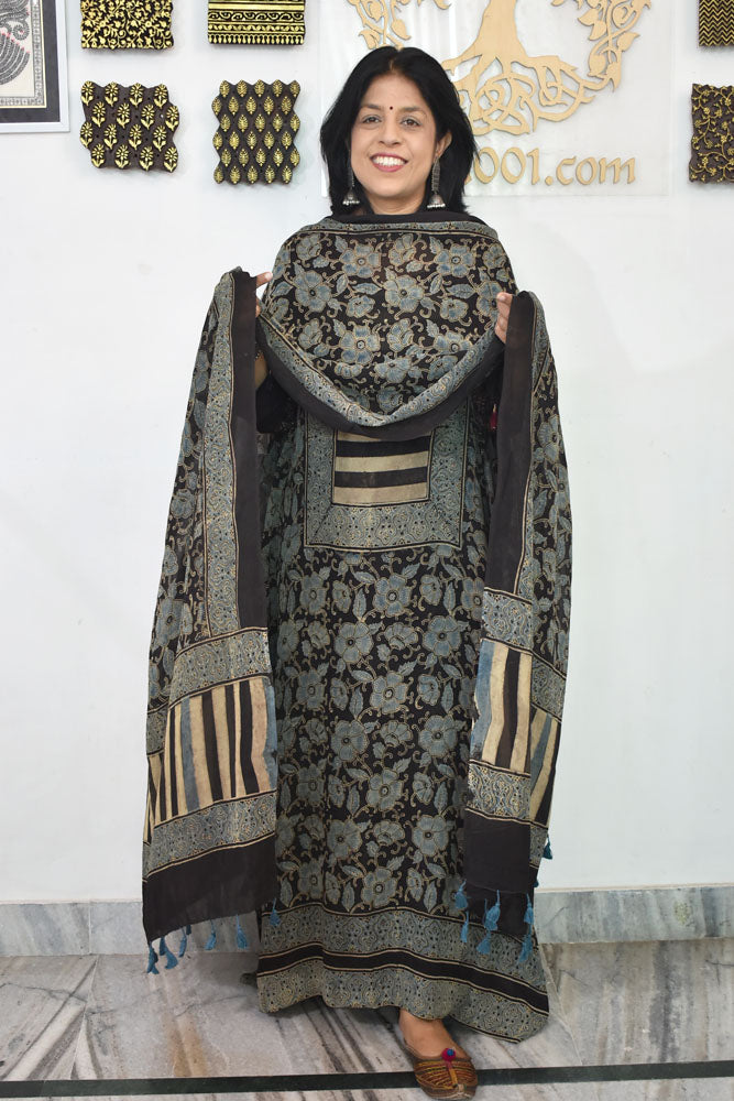 Ajrakh Hand Block Print Georgette Dupatta & Georgette Kurta Fabric